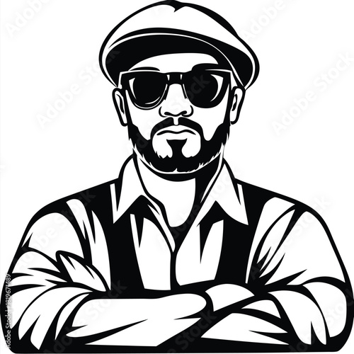 Confident black and white presents a bearded man with folded arms wearing sunglasses