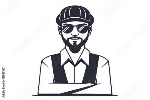 Confident man with beard and sunglasses in vest stands with crossed arms