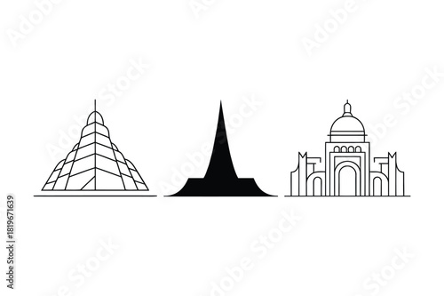 Iconic architectural silhouettes of famous landmarks in a minimalist line drawing style