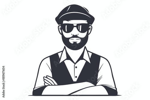 Confident Caucasian man with a beard and flat cap crosses his arms boldly