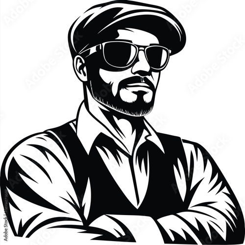 Confident bearded man wearing a cap and sunglasses with crossed arms looks forward powerfully
