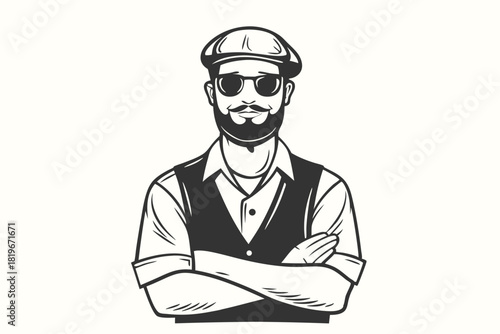 Bearded man with sunglasses, a cap and vest crosses arms confidently in monochrome
