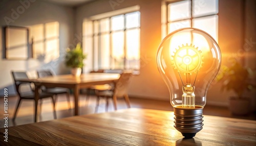 Illuminated Gear Inside Lightbulb on Table Illustrating Innovation Concept