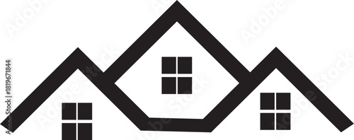 Stylized black outline of three house roofs with windows