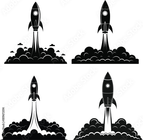 Rocket launch icons set – startup growth concept, spaceship blasting off with smoke clouds – black vector