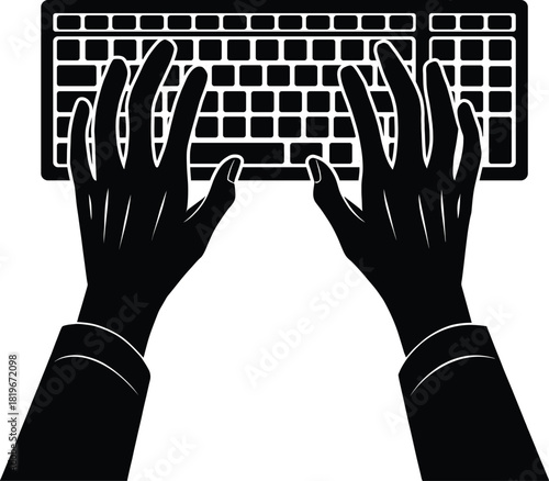 Hands typing on computer keyboard – programmer coding, data entry, office work concept – black vector silhouette