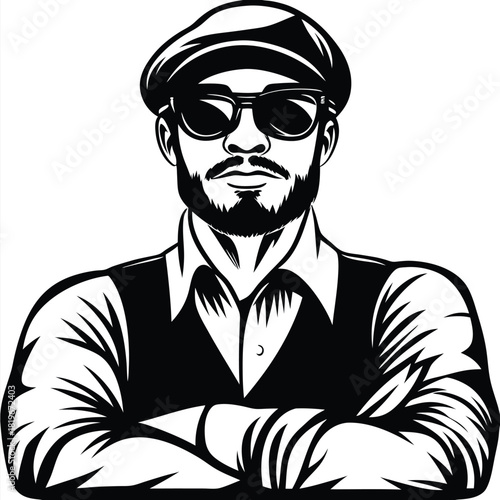 Confident bearded man wearing shades and cap stands with arms crossed in black and white