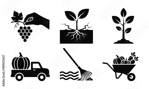 Black silhouette icons set. agriculture and farming activities planting growing harvesting transport tools and produce