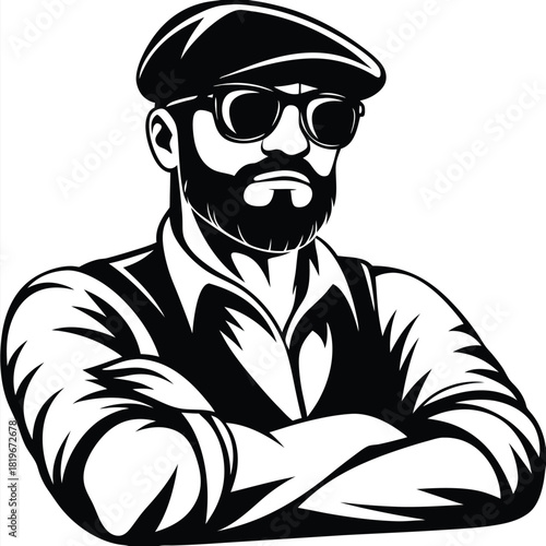 Confident man with beard and glasses wearing a cap standing with crossed arms in black