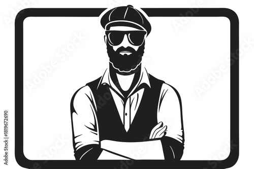 Bearded man with sunglasses and hat stands confidently inside a simple, bold frame