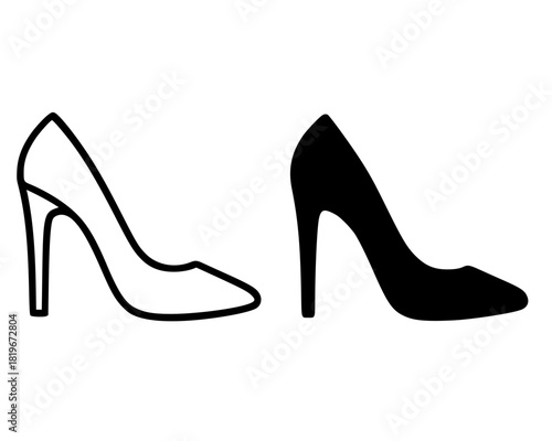 Icon, high heel illustration, black and white, outline and silhouette