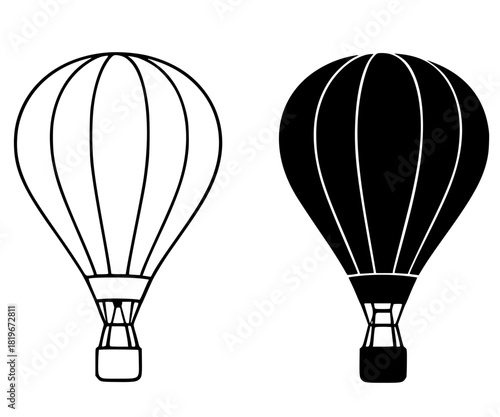 Icon, hot air ballon illustration, black and white, outline and silhouette