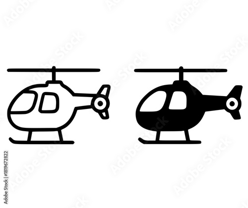 Icon, helicopter illustration, black and white, outline and silhouette