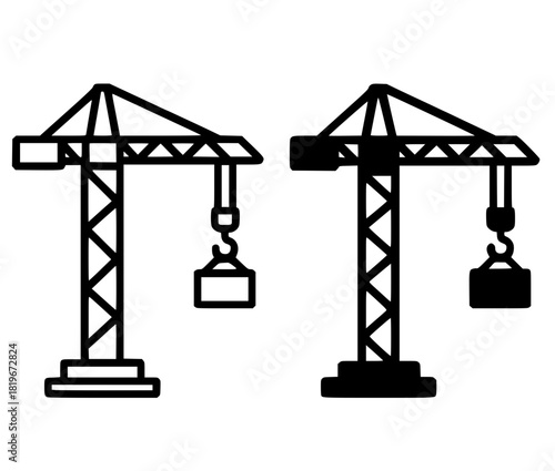 Icon, crane illustration, black and white, outline and silhouette