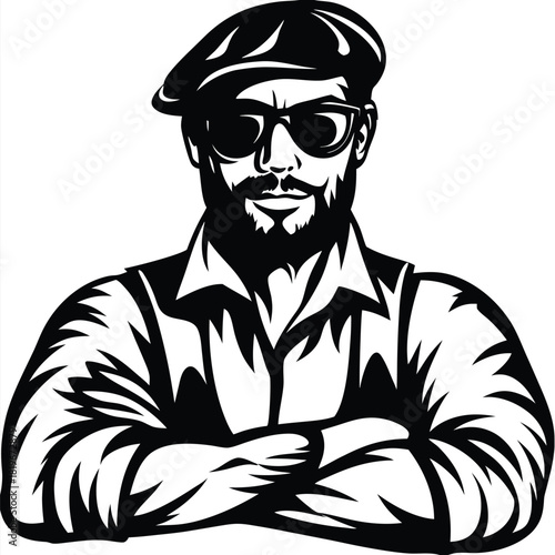 Confident man with beard and sunglasses wearing a beret poses with crossed arms