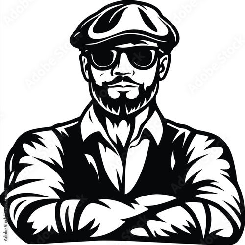 Confident caucasian man with beard, sunglasses, and cap stands with arms crossed looking forward