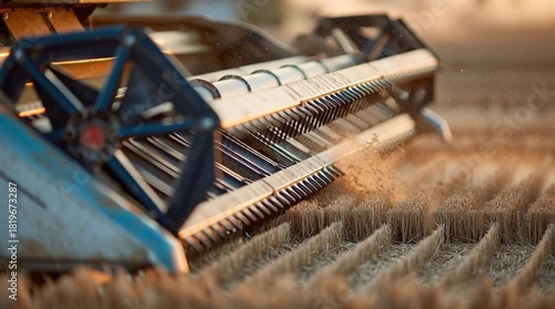 Combine harvester blades slicing through crop rows at golden hour, dynamic motion blur capturing speed and efficiency, with sharp metal details emphasizing modern agricultural power and harvest precis