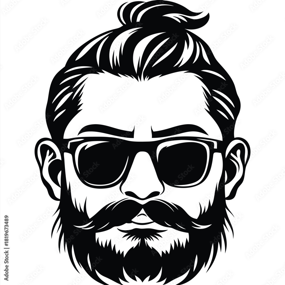 Obraz premium Man with bun hairstyle wearing sunglasses, black and white silhouette design is modern