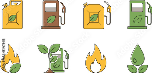 Biofuel icons set, renewable energy symbols, eco-friendly fuel graphics, sustainable power concept, green energy illustration, clean fuel vector, flat vector illustration