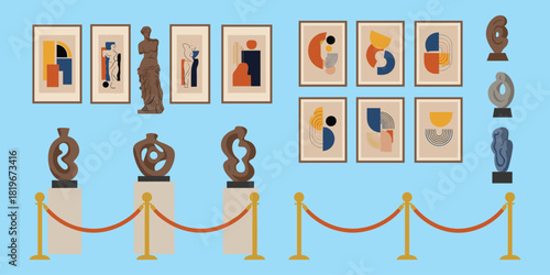 Art gallery exhibit illustration, abstract sculpture display, framed modern artwork, curated museum scene, creative space design, flat vector illustration