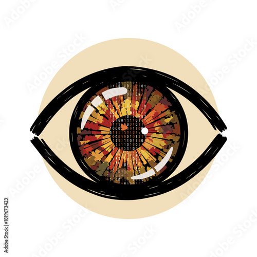Cybernetic eye with data codes reflecting vibrant colors in design  