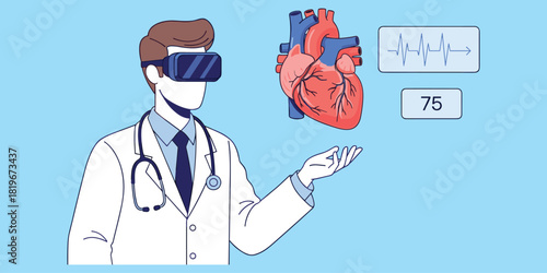 Doctor using VR headset, digital heart interface, futuristic medical technology, healthcare innovation concept, virtual anatomy design, flat vector illustration