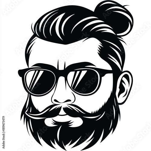 Black and white portrait reveals a man with a beard, mustache, and sunglasses