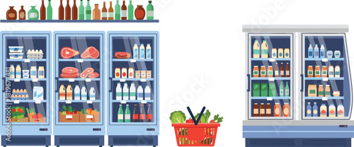 Grocery store refrigerator section, food shopping illustration, fresh produce and dairy display, retail environment concept, flat vector design