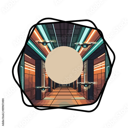 Futuristic expo corridor with neon lights and drones 