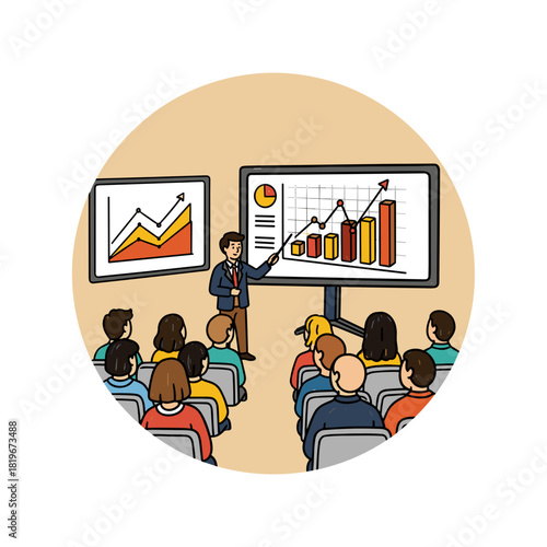 Businessman presenting data analysis with graphs to attentive audience  