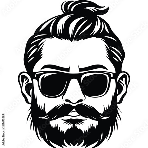 Man with bun hairstyle wearing sunglasses, black and white silhouette design is modern