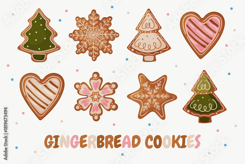 Gingerbread Cookies Set - Christmas Tree, Snowflakes and Heart Shapes Illustration