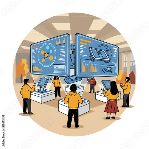 People interacting with futuristic displays at a tech expo  
