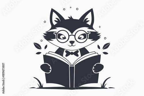 Cute fox wearing glasses and bow tie attentively reads a book in monochrome