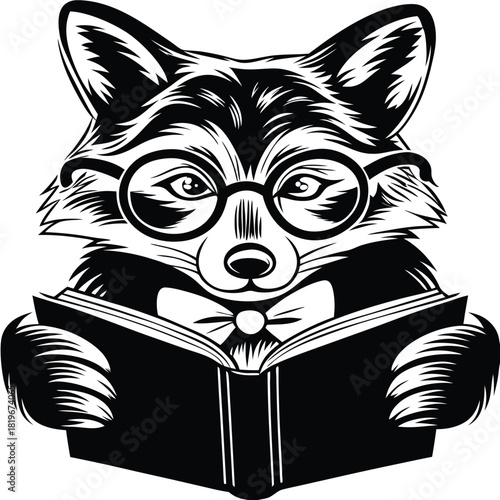Focused fox wearing glasses and a bow tie diligently reads a book with great interest