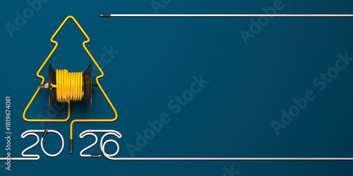 A symbolic Christmas tree laid out of a cable and a coil. Creative 2026 New year template on a power engineering theme.