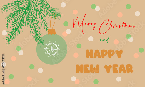 Poster, banner, postcard "Merry Christmas" and "Happy New Year". The banner is decorated with fir branches and a toy with a snowflake. There's confetti in the background. Vector.