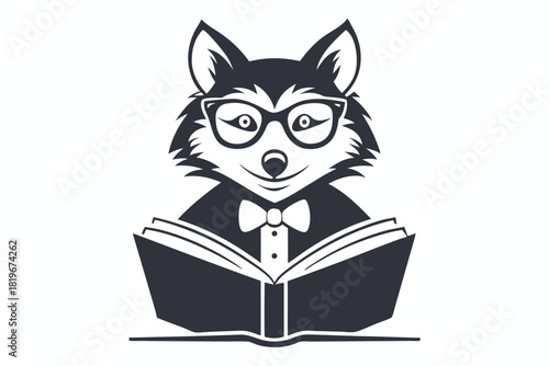 Isolated wolf reads an open book while wearing glasses and a bow tie