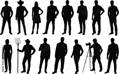 Business people and profession silhouettes collection, standing men and women characters, cowboy farmer and cameraman poses, black isolated vector illustration set