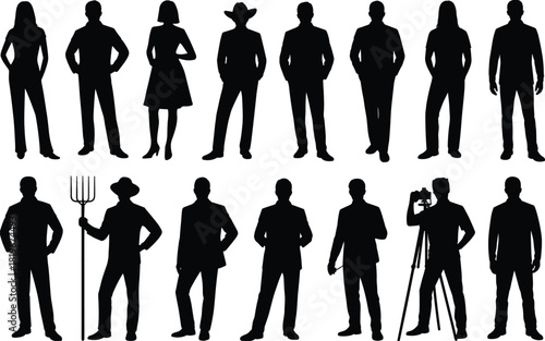 Business people and profession silhouettes, standing men and women collection, farmer cameraman characters, black human figures isolated vector illustration set