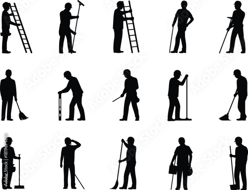 Cleaning workers silhouettes set with ladder mop broom tools professional janitor maintenance service staff vector collection isolated white background illustration