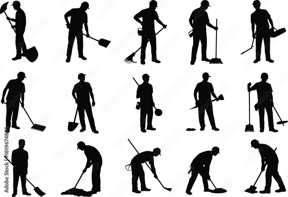 Obraz premium Construction workers silhouette set with tools, shovel rake broom hammer scraper, isolated black vector figures for labor and cleaning concept illustration