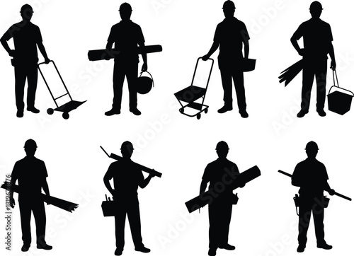 Construction worker silhouettes with tools and equipment, industrial labor, handyman service, isolated on white background, cad drawing flat vector illustration