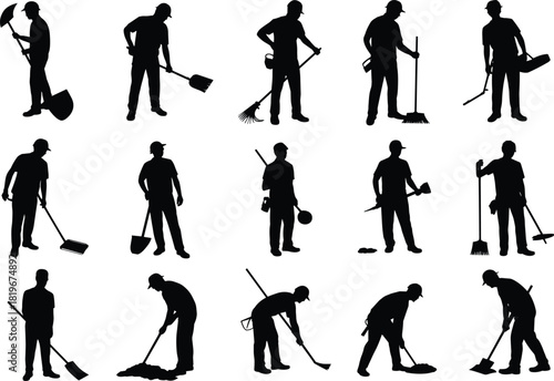 Construction workers silhouette set with tools, shovel rake broom hammer scraper, isolated black vector figures for labor and cleaning concept illustration