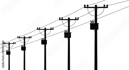 Electric utility pole silhouettes with overhead power lines transmission infrastructure energy distribution system industrial technology vector illustration isolated white background