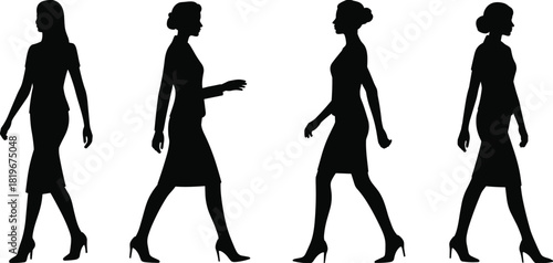 Elegant walking women silhouettes collection with different poses fashion lifestyle female movement modern style vector illustration isolated white background design