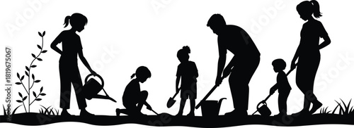 Family gardening silhouettes with parents and children planting flowers watering garden teamwork outdoor activity nature care vector illustration isolated background