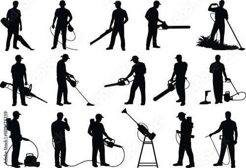 Garden maintenance worker silhouettes, landscaper using trimmer and chainsaw, lawn care tools operators, outdoor service men, black vector illustration set