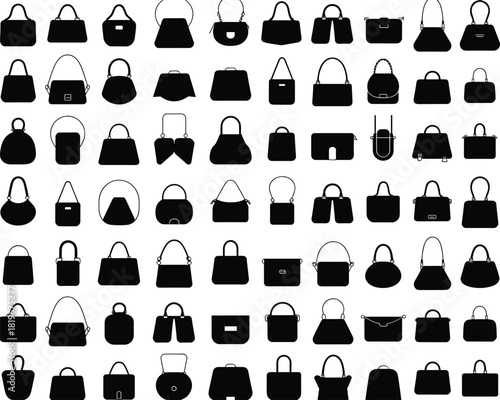 Handbag silhouettes collection showing various women fashion purses tote bags shoulder handbags accessories vector icon set isolated white background