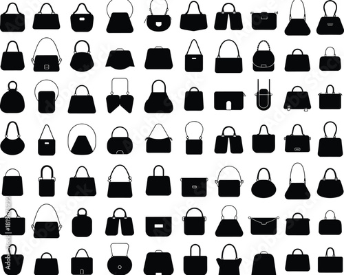 Handbag silhouettes collection with various purse shapes womens fashion accessories tote shoulder bag designs vector icon set isolated white background